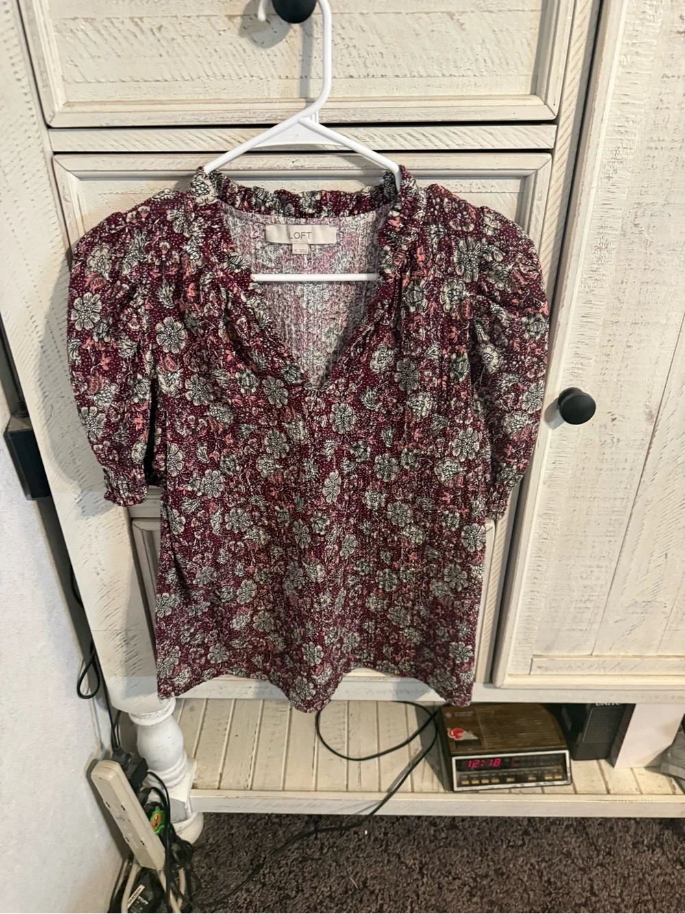 LOFT Burgundy Floral V-Neck Puff Sleeve Blouse